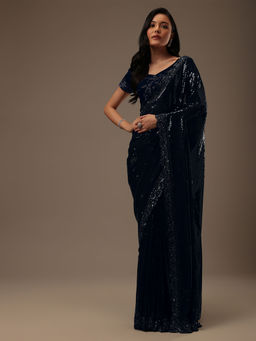 KALKI FASHION - Navy Blue Festive Embellished Saree with Unstitched Blouse