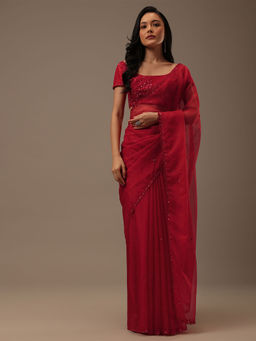 KALKI FASHION - Cherry Red Organza Embellished Saree with Unstitched Blouse