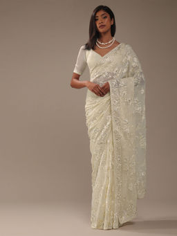 KALKI FASHION - Off White Parsi Embroidered Saree with Unstitched Blouse