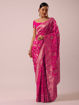 KALKI FASHION - Pink Satin Floral Jal Woven Weaves Saree with Unstitched Blouse