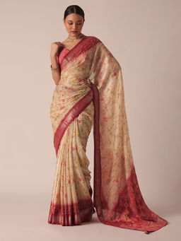 KALKI FASHION - Beige Silk Floral Saree with Unstitched Blouse