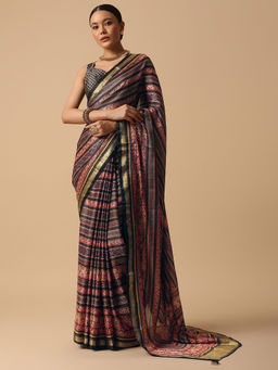 KALKI FASHION - Navy Blue Kalamkari Print Saree with Unstitched Blouse
