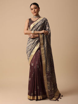 KALKI FASHION - Brown Wine Printed Silk Saree with Unstitched Blouse Kalamkari Work