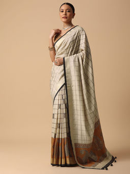 KALKI FASHION - Beige Digital Print Checks Saree with Unstitched Blouse