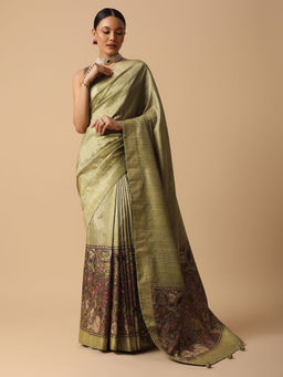 KALKI FASHION - Moss Green Solid Saree with Unstitched Blouse