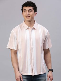 Classic Polo - Men Half Sleeve Pink Striped Drop Shoulder Knitted Shirt