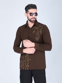 Denis Parkar - Mehendi Brown Hand Embroidered Shirt for Men