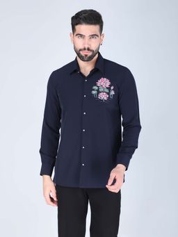 Denis Parkar - Navy Blue Lotus Motif Hand Embroidered Shirt