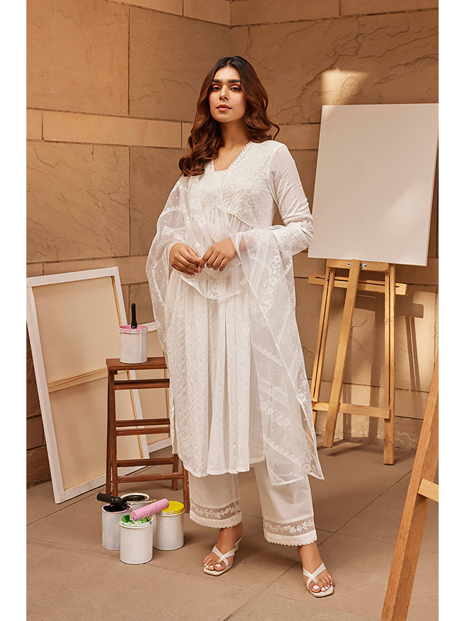 Festive Solid Cotton hite Kurta, Straight Pant & Dupatta for omen (Set of 3)