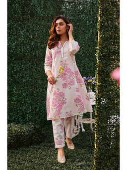 W - Floral Print Cotton White Kurta & Straight Pant for Women (Set of 2)