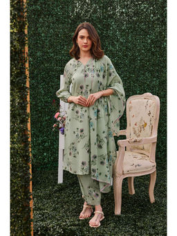 W - Women Green Floral Print Cotton Kurta with Gathered Pant and Dupatta (Set of 4)