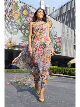 W - Women Multi-Color Floral Print Chiffon Kurta with Straight Pant and Dupatta (Set of 3)