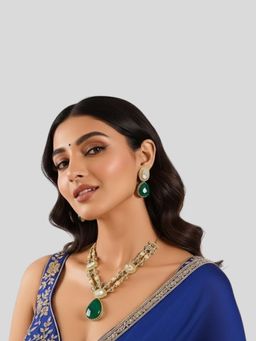 Auraa Trends - Royal Emerald Green Drop Necklace Set with Double-Strand Kundan Chain and Earrings