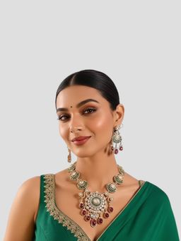 Auraa Trends - Royal Ruby Red Drops and Green Accents Kundan Necklace Set