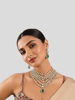 Auraa Trends - Royal Layered Kundan Choker Necklace Earrings Set with Emerald Drop