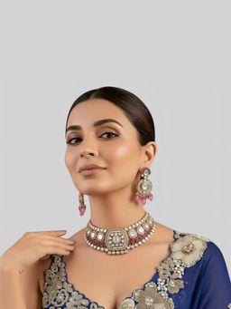 Auraa Trends - Elegant Ruby and White Stone Choker Necklace with Matching Earrings
