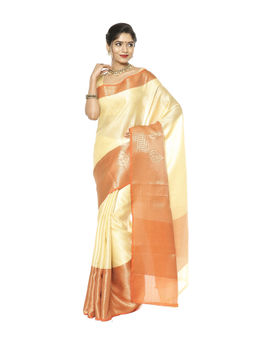 Banarasi Silk Works - Cream Resham Zari Orange Pattu Border Art Saree with Unstitched Blouse
