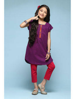 Biba - Purple-Red Cotton Embroidery Above Knee Kurta (Set of 2)