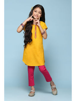 Biba - Yellow-Magenta Cotton Embroidery Above Knee Kurta (Set of 2)
