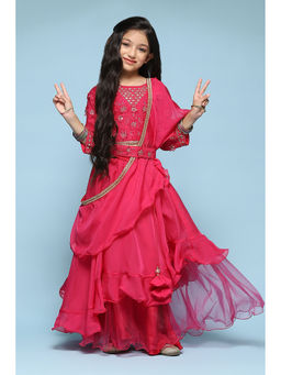 Biba - Pink Doby Embroidery Maxi Lehenga Blouse (Set of 4)