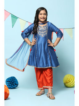 Biba - Blue-Orange Viscose Poly Embroidery Knee Length Kurta (Set of 3)