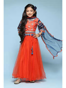 Biba - Red Doby Printed Maxi Lehenga Choli (Set of 3)