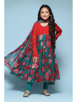 Biba - Teal-Red Viscose Poly Printed Calf Kurta (Set of 3)