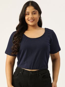 theRebelinme - Plus Size Womens Navy Blue Solid Color Knitted Crop Top