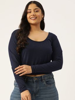 theRebelinme - Plus Size Womens Navy Blue Solid Color Cotton Crop Top