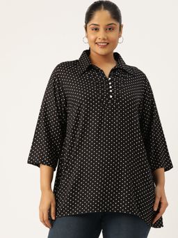 theRebelinme - Plus Size Womens Black Polka Dot Printed Shirt Style Longline Top