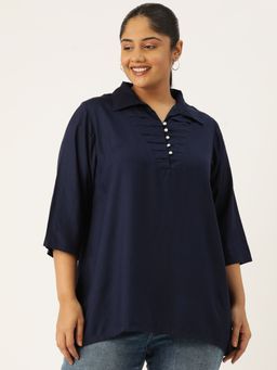 theRebelinme - Plus Size Womens Navy Blue Solid Color Shirt Style Longline Top