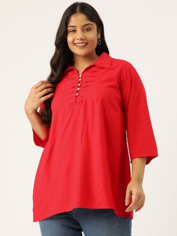 theRebelinme - Plus Size Womens Red Solid Color Shirt Style Longline Top