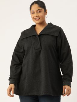theRebelinme - Plus Size Womens Charcoal Grey Solid Color Fleece Longline Top