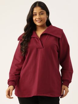theRebelinme - Plus Size Womens Maroon Solid Color Fleece Longline Top