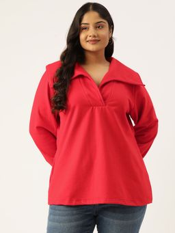 theRebelinme - Plus Size Womens Red Solid Color Fleece Longline Top