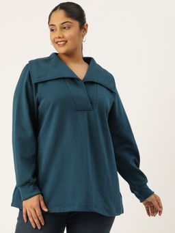theRebelinme - Plus Size Womens Teal Solid Color Fleece Longline Top
