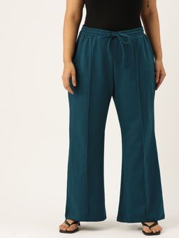 theRebelinme - Plus Size Women's Teal Solid Color Pleated Winter Trouser