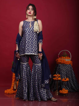 MONK & MEI - Vani-Kurta, Sharara & Dupatta-Deep Blue (Set of 3)