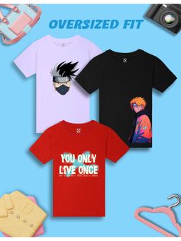 Nusyl - Boys Graphic and Text Printed Oversized T-Shirt (Pack Of 3)