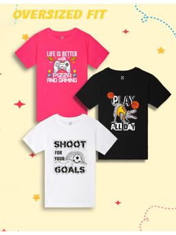 Nusyl - Boys Dinosaur and Text Printed Oversized T-Shirt (Pack Of 3)