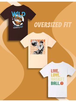 Nusyl - Boys Tiger Face and Graphic Print Oversized T-Shirt (Pack Of 3)