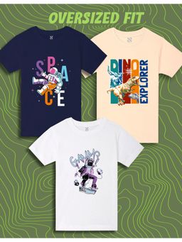 Nusyl - Boys Space and Dinosaur Printed Oversized T-Shirt (Pack Of 3)