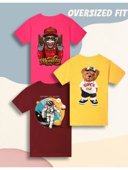 Nusyl - Boys Monkey and Graphic Print Oversized T-Shirt (Pack Of 3)