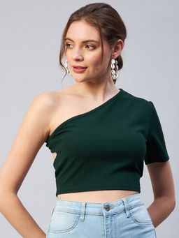 RARE - Women Casual Green Colour One Shoulder Solid Fitted Top