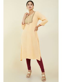 Soch - Women Beige Crepe Embroidered Kurta