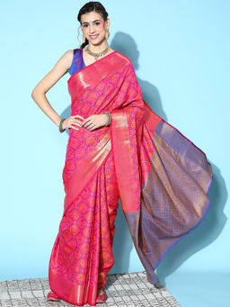 Akhilam - Womens Silk Blend Pink Woven Design Designer Saree with Unstitched Blouse