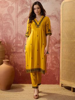 Four Steps - Mustard Rayon Embroidered Co-Ord Set