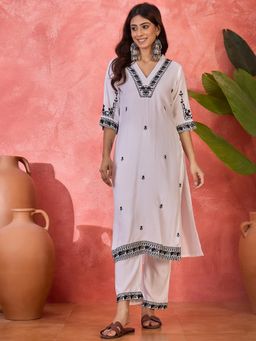 Four Steps - Off White Rayon Embroidered Co-Ord Set
