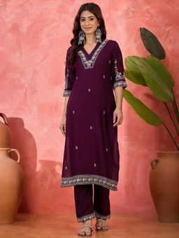 Four Steps - Purple Rayon Embroidered Co-Ord Set