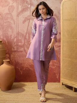 Four Steps - Purple Shirt Style Embroidered Co-Ord Set